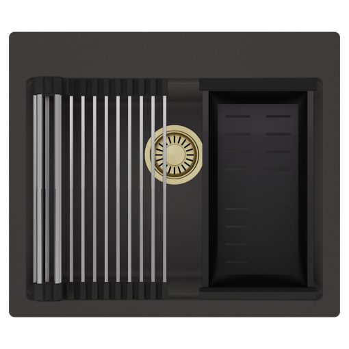 HD Infinity Antracit 58 egymedencés gránit mosogatótálca szett, acél csepegtetőráccsal és matt fekete kosárral, matt antracit színben, szálcsiszolt arany leeresztő szifonnal