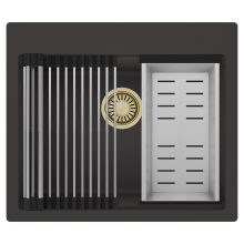 HD Infinity Antracit 58 egymedencés gránit mosogatótálca szett, acél csepegtetőráccsal és kosárral, matt antracit színben, szálcsiszolt arany leeresztő szifonnal