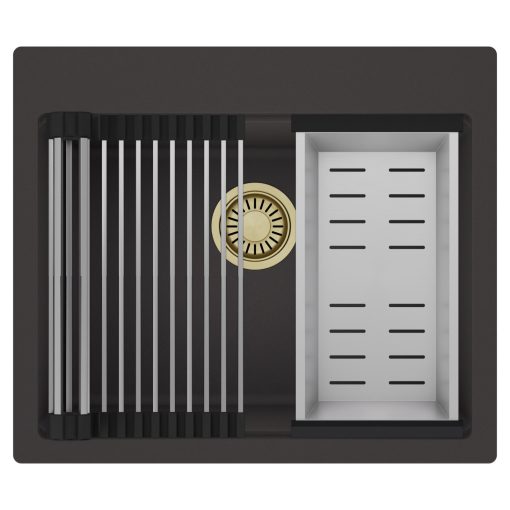 HD Infinity Antracit 58 egymedencés gránit mosogatótálca szett, acél csepegtetőráccsal és kosárral, matt antracit színben, szálcsiszolt arany leeresztő szifonnal