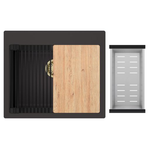 HD Infinity Antracit 58 egymedencés gránit mosogatótálca szett, vágódeszkával, matt fekete csepegtetőráccsal és krómozott kosárral, matt antracit színben, szálcsiszolt arany leeresztő szifonnal