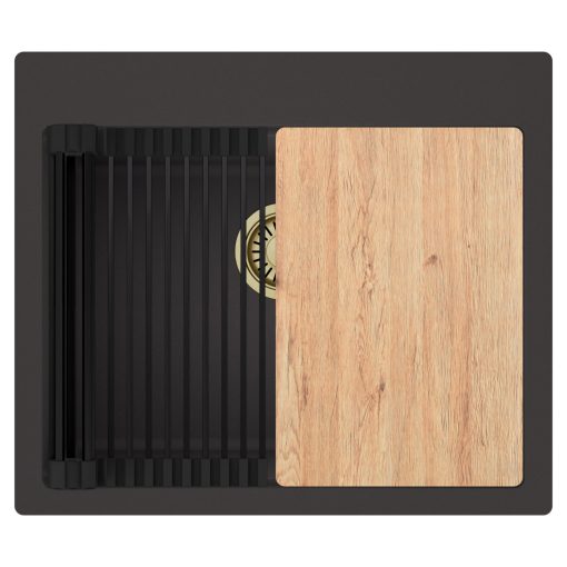 HD Infinity Antracit 58 egymedencés gránit mosogatótálca szett, vágódeszkával, matt fekete csepegtetőráccsal, matt antracit színben, szálcsiszolt arany leeresztő szifonnal