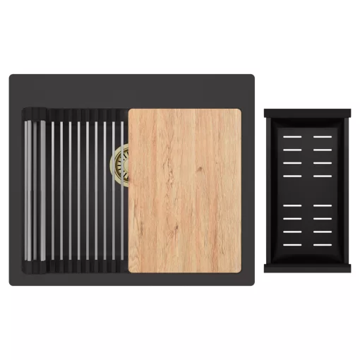 HD Infinity Antracit 58 egymedencés gránit mosogatótálca szett, vágódeszkával, acél csepegtetőráccsal és matt fekete kosárral, matt antracit színben, szálcsiszolt arany leeresztő szifonnal