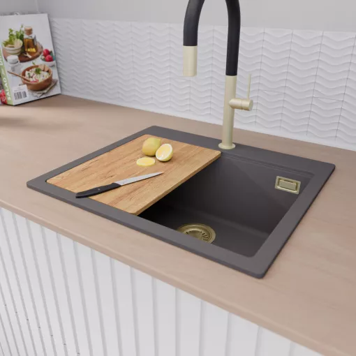 HD Infinity Antracit 58 egymedencés gránit mosogatótálca szett, vágódeszkával, acél csepegtetőráccsal és matt fekete kosárral, matt antracit színben, szálcsiszolt arany leeresztő szifonnal