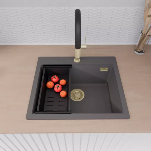 HD Infinity Antracit 58 egymedencés gránit mosogatótálca szett, vágódeszkával, acél csepegtetőráccsal és matt fekete kosárral, matt antracit színben, szálcsiszolt arany leeresztő szifonnal