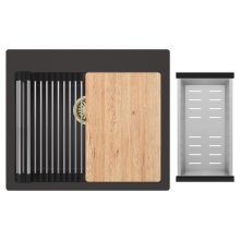 HD Infinity Antracit 58 egymedencés gránit mosogatótálca szett, vágódeszkával, acél csepegtetőráccsal és kosárral, matt antracit színben, szálcsiszolt arany leeresztő szifonnal