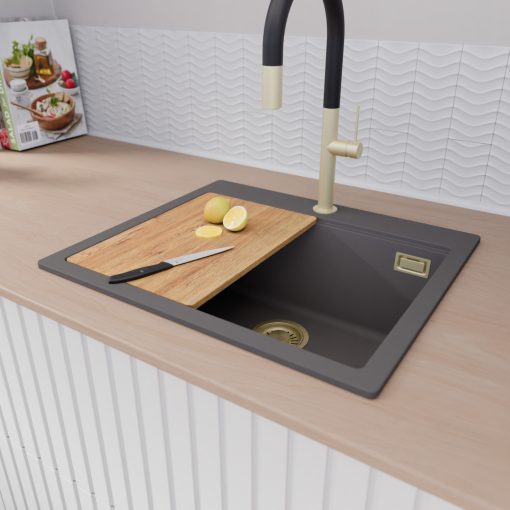 HD Infinity Antracit 58 egymedencés gránit mosogatótálca szett, vágódeszkával, acél csepegtetőráccsal és kosárral, matt antracit színben, szálcsiszolt arany leeresztő szifonnal