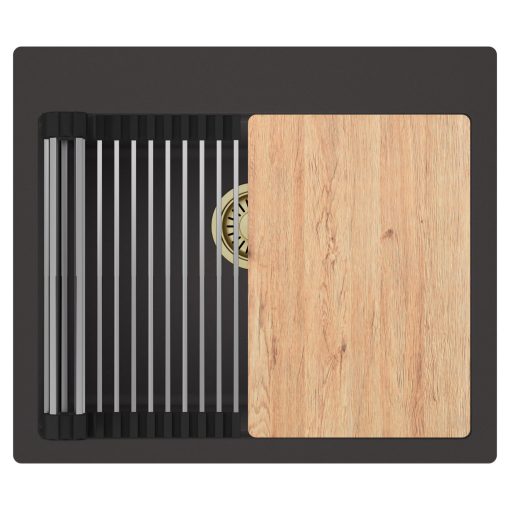 HD Infinity Antracit 58 egymedencés gránit mosogatótálca szett, vágódeszkával, acél csepegtetőráccsal, matt antracit színben, szálcsiszolt arany leeresztő szifonnal