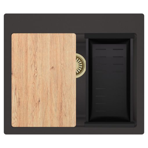 HD Infinity Antracit 58 egymedencés gránit mosogatótálca szett, vágódeszkával, matt fekete csepegtetőkosárral, matt antracit színben, szálcsiszolt arany leeresztő szifonnal
