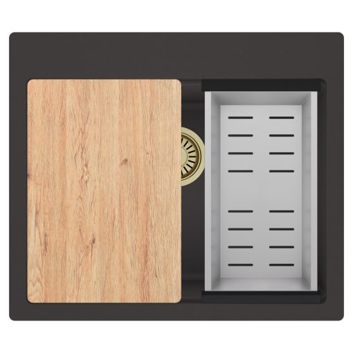 HD Infinity Antracit 58 egymedencés gránit mosogatótálca szett, vágódeszkával, acél csepegtetőkosárral, matt antracit színben, szálcsiszolt arany leeresztő szifonnal