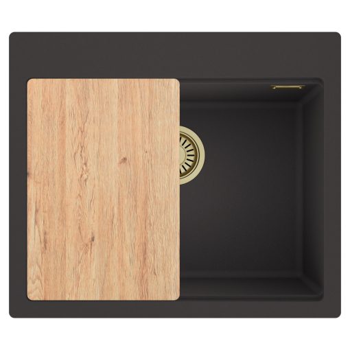 HD Infinity Antracit 58 egymedencés gránit mosogatótálca, vágódeszkával, matt antracit színben, szálcsiszolt arany leeresztő szifonnal