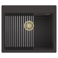 HD Infinity Antracit 58 egymedencés gránit mosogatótálca szett, acél csepegtetőráccsal, matt antracit színben, szálcsiszolt arany leeresztő szifonnal