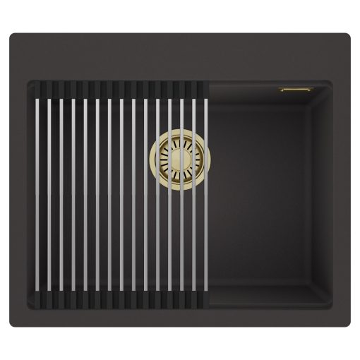 HD Infinity Antracit 58 egymedencés gránit mosogatótálca szett, acél csepegtetőráccsal, matt antracit színben, szálcsiszolt arany leeresztő szifonnal