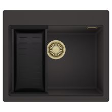 HD Infinity Antracit 58 egymedencés gránit mosogatótálca szett, matt fekete csepegtetőkosárral, matt antracit színben, szálcsiszolt arany leeresztő szifonnal