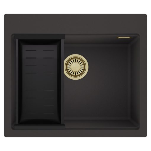 HD Infinity Antracit 58 egymedencés gránit mosogatótálca szett, matt fekete csepegtetőkosárral, matt antracit színben, szálcsiszolt arany leeresztő szifonnal