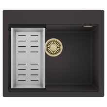 HD Infinity Antracit 58 egymedencés gránit mosogatótálca szett, acél csepegtetőkosárral, matt antracit színben, szálcsiszolt arany leeresztő szifonnal