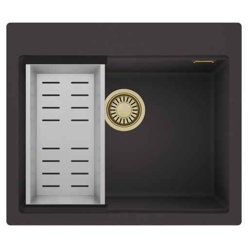 HD Infinity Antracit 58 egymedencés gránit mosogatótálca szett, acél csepegtetőkosárral, matt antracit színben, szálcsiszolt arany leeresztő szifonnal