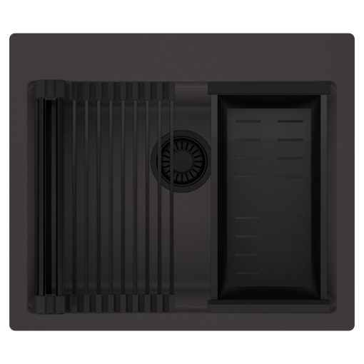 HD Infinity Antracit 58 egymedencés gránit mosogatótálca szett, matt fekete csepegtetőráccsal és kosárral, matt antracit színben, matt fekete leeresztő szifonnal