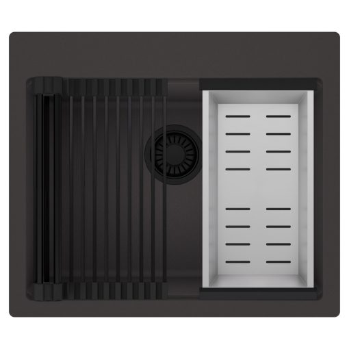 HD Infinity Antracit 58 egymedencés gránit mosogatótálca szett, matt fekete csepegtetőráccsal és krómozott kosárral, matt antracit színben, matt fekete leeresztő szifonnal
