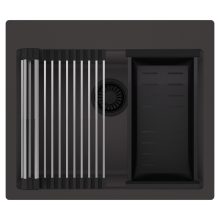 HD Infinity Antracit 58 egymedencés gránit mosogatótálca szett, acél csepegtetőráccsal és matt fekete kosárral, matt antracit színben, matt fekete leeresztő szifonnal