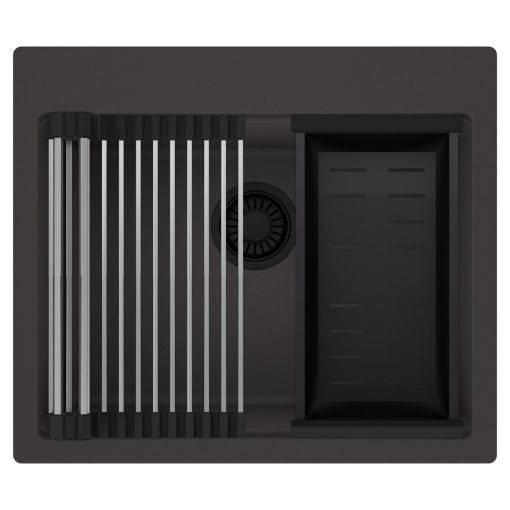 HD Infinity Antracit 58 egymedencés gránit mosogatótálca szett, acél csepegtetőráccsal és matt fekete kosárral, matt antracit színben, matt fekete leeresztő szifonnal