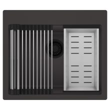 HD Infinity Antracit 58 egymedencés gránit mosogatótálca szett, acél csepegtetőráccsal és kosárral, matt antracit színben, matt fekete leeresztő szifonnal