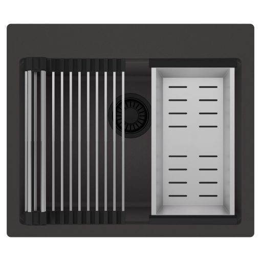 HD Infinity Antracit 58 egymedencés gránit mosogatótálca szett, acél csepegtetőráccsal és kosárral, matt antracit színben, matt fekete leeresztő szifonnal