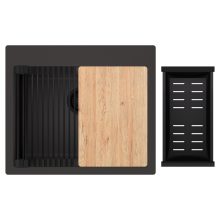 HD Infinity Antracit 58 egymedencés gránit mosogatótálca szett, vágódeszkával, matt fekete csepegtetőráccsal és kosárral, matt antracit színben, matt fekete leeresztő szifonnal