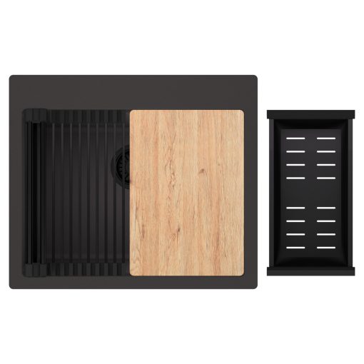 HD Infinity Antracit 58 egymedencés gránit mosogatótálca szett, vágódeszkával, matt fekete csepegtetőráccsal és kosárral, matt antracit színben, matt fekete leeresztő szifonnal