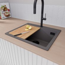 HD Infinity Antracit 58 egymedencés gránit mosogatótálca szett, vágódeszkával, matt fekete csepegtetőráccsal és kosárral, matt antracit színben, matt fekete leeresztő szifonnal