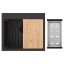 HD Infinity Antracit 58 egymedencés gránit mosogatótálca szett, vágódeszkával, matt fekete csepegtetőráccsal és krómozott kosárral, matt antracit színben, matt fekete leeresztő szifonnal