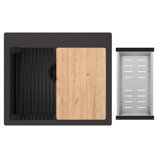 HD Infinity Antracit 58 egymedencés gránit mosogatótálca szett, vágódeszkával, matt fekete csepegtetőráccsal és krómozott kosárral, matt antracit színben, matt fekete leeresztő szifonnal