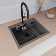 HD Infinity Antracit 58 egymedencés gránit mosogatótálca szett, vágódeszkával, matt fekete csepegtetőráccsal, matt antracit színben, matt fekete leeresztő szifonnal