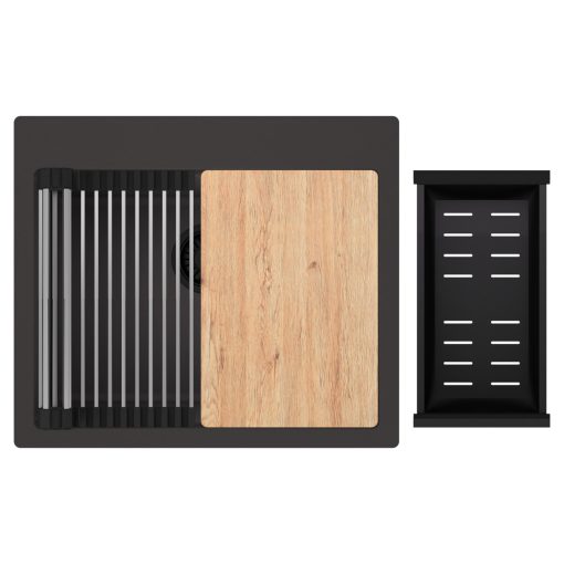 HD Infinity Antracit 58 egymedencés gránit mosogatótálca szett, vágódeszkával, acél csepegtetőráccsal és matt fekete kosárral, matt antracit színben, matt fekete leeresztő szifonnal