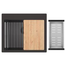 HD Infinity Antracit 58 egymedencés gránit mosogatótálca szett, vágódeszkával, acél csepegtetőráccsal és kosárral, matt antracit színben, matt fekete leeresztő szifonnal