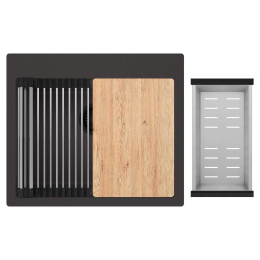 HD Infinity Antracit 58 egymedencés gránit mosogatótálca szett, vágódeszkával, acél csepegtetőráccsal és kosárral, matt antracit színben, matt fekete leeresztő szifonnal