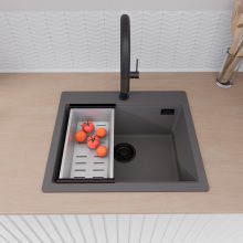 HD Infinity Antracit 58 egymedencés gránit mosogatótálca szett, vágódeszkával, acél csepegtetőráccsal és kosárral, matt antracit színben, matt fekete leeresztő szifonnal