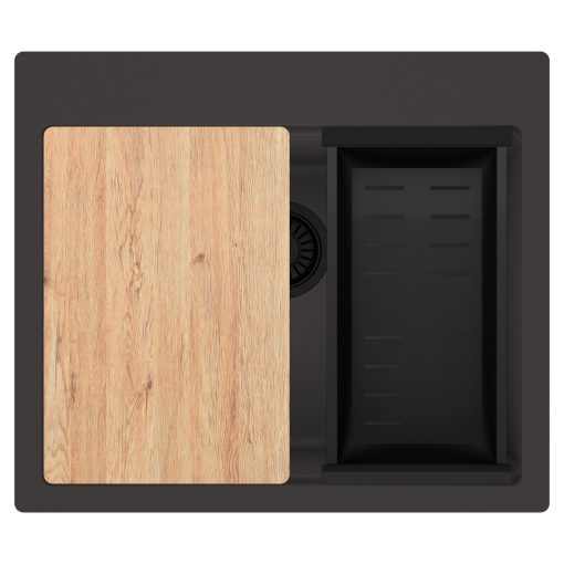 HD Infinity Antracit 58 egymedencés gránit mosogatótálca szett, vágódeszkával, matt fekete csepegtetőkosárral, matt antracit színben, matt fekete leeresztő szifonnal