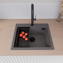 HD Infinity Antracit 58 egymedencés gránit mosogatótálca szett, vágódeszkával, matt fekete csepegtetőkosárral, matt antracit színben, matt fekete leeresztő szifonnal