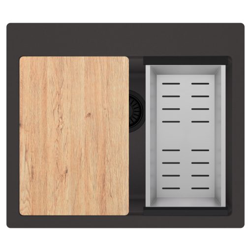 HD Infinity Antracit 58 egymedencés gránit mosogatótálca szett, vágódeszkával, acél csepegtetőkosárral, matt antracit színben, matt fekete leeresztő szifonnal