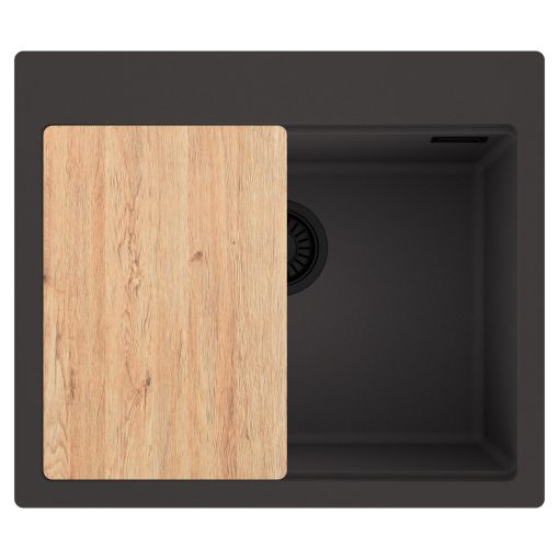 HD Infinity Antracit 58 egymedencés gránit mosogatótálca, vágódeszkával, matt antracit színben, matt fekete leeresztő szifonnal
