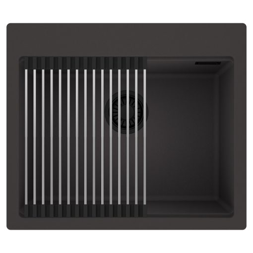HD Infinity Antracit 58 egymedencés gránit mosogatótálca szett, acél csepegtetőráccsal, matt antracit színben, matt fekete leeresztő szifonnal