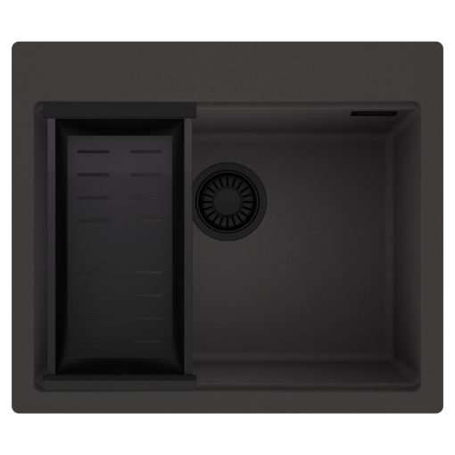 HD Infinity Antracit 58 egymedencés gránit mosogatótálca szett, matt fekete csepegtetőkosárral, matt antracit színben, matt fekete leeresztő szifonnal