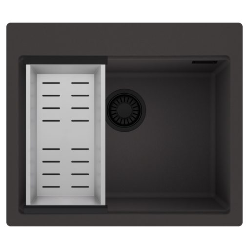 HD Infinity Antracit 58 egymedencés gránit mosogatótálca szett, acél csepegtetőkosárral, matt antracit színben, matt fekete leeresztő szifonnal