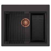 HD Infinity Antracit 58 egymedencés gránit mosogatótálca szett, matt fekete csepegtetőráccsal és kosárral, matt antracit színben, szálcsiszolt réz leeresztő szifonnal