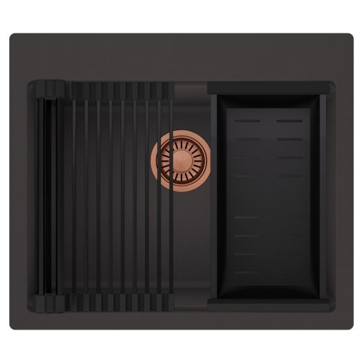 HD Infinity Antracit 58 egymedencés gránit mosogatótálca szett, matt fekete csepegtetőráccsal és kosárral, matt antracit színben, szálcsiszolt réz leeresztő szifonnal