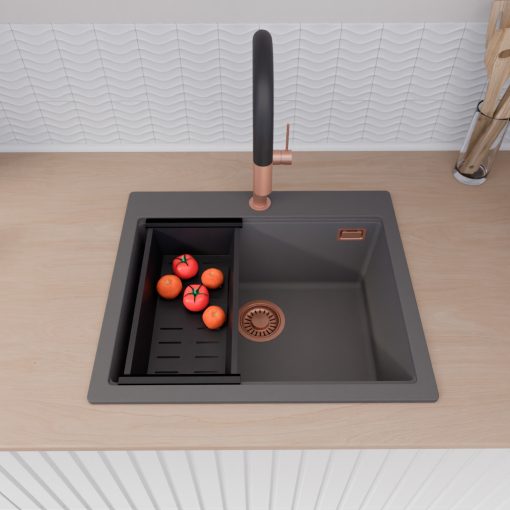 HD Infinity Antracit 58 egymedencés gránit mosogatótálca szett, matt fekete csepegtetőráccsal és kosárral, matt antracit színben, szálcsiszolt réz leeresztő szifonnal