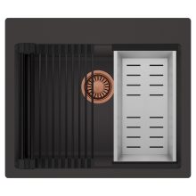 HD Infinity Antracit 58 egymedencés gránit mosogatótálca szett, matt fekete csepegtetőráccsal és krómozott kosárral, matt antracit színben, szálcsiszolt réz leeresztő szifonnal