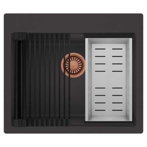 HD Infinity Antracit 58 egymedencés gránit mosogatótálca szett, matt fekete csepegtetőráccsal és krómozott kosárral, matt antracit színben, szálcsiszolt réz leeresztő szifonnal