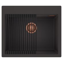 HD Infinity Antracit 58 egymedencés gránit mosogatótálca szett, matt fekete csepegtetőráccsal, matt antracit színben, szálcsiszolt réz leeresztő szifonnal