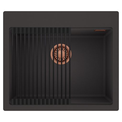 HD Infinity Antracit 58 egymedencés gránit mosogatótálca szett, matt fekete csepegtetőráccsal, matt antracit színben, szálcsiszolt réz leeresztő szifonnal